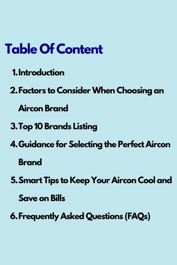 Table of Content of Aircon Brands
